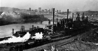 Pittsburgh's Jones and Laughlin Steel Works in 1967, with downtown Pittsburgh in the background (The Brookline Connection)