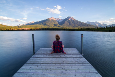 serenity Clouds Dock Foliage Lake Landscape Mountain Range