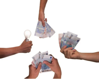 4 hands - one holding a light bulb while the others are holding cash.